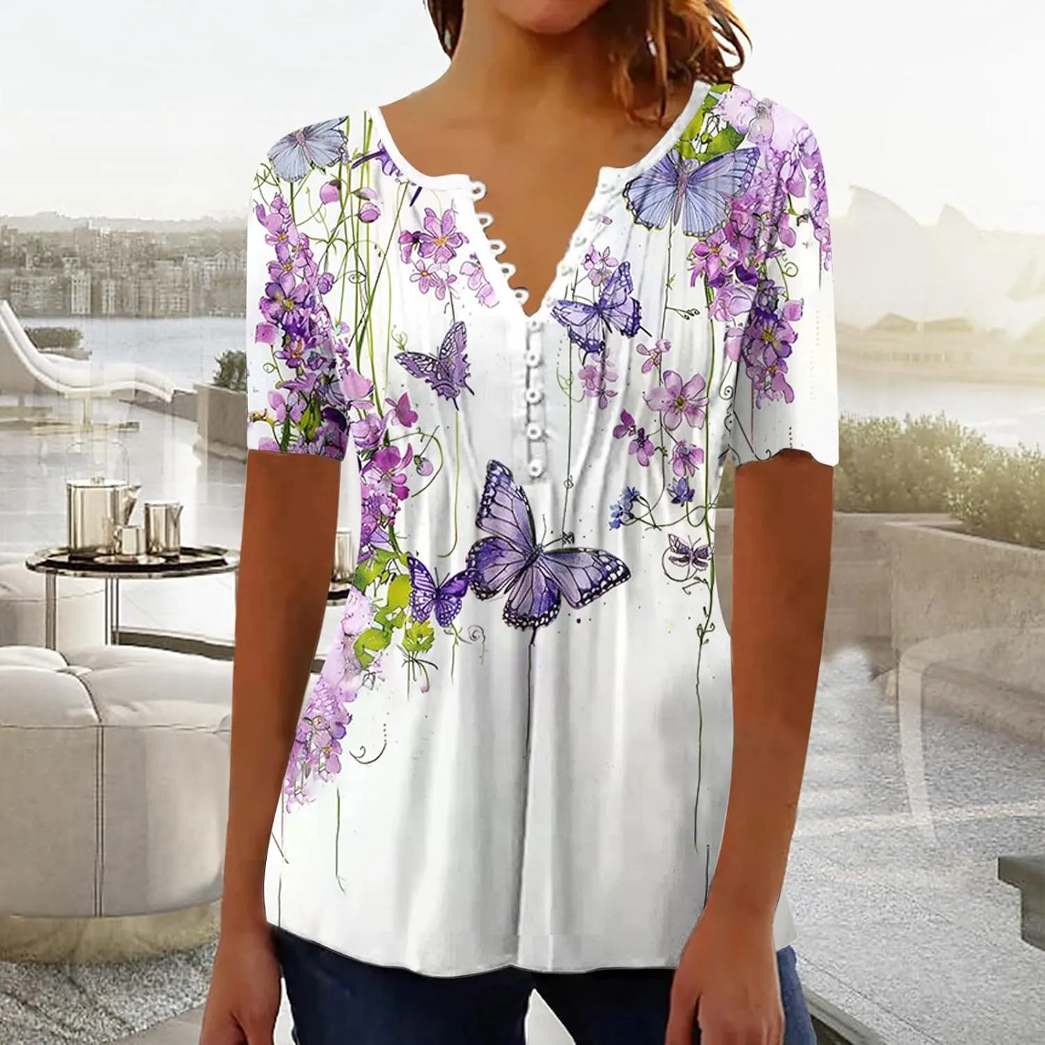 Summer 2025 Womens Short Sleeve Tops Casual Summer V Neck Floral Tunics Flowy Blouses Henley Shirts