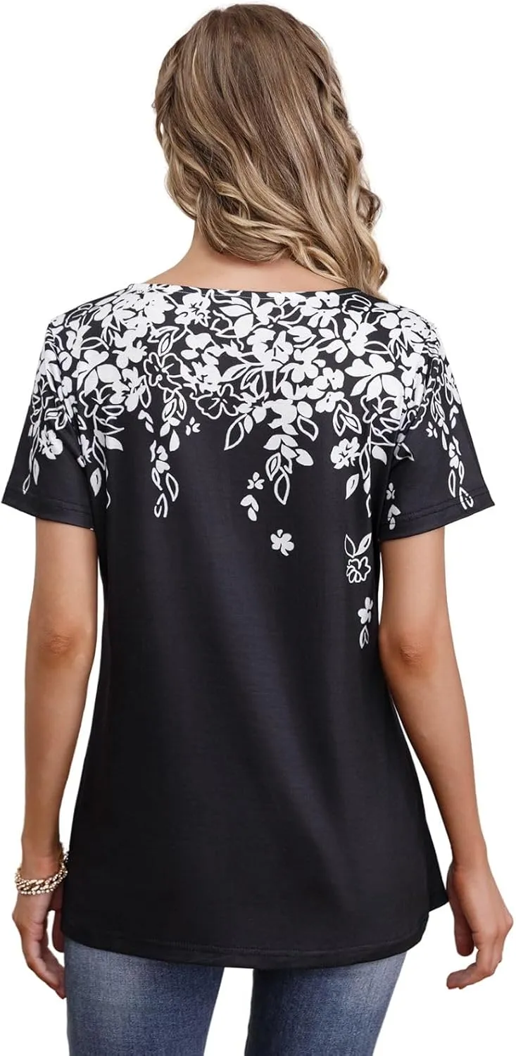 Summer 2025 Womens Short Sleeve Tops Casual Summer V Neck Floral Tunics Flowy Blouses Henley Shirts