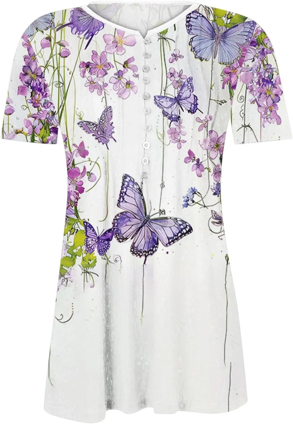 Summer 2025 Womens Short Sleeve Tops Casual Summer V Neck Floral Tunics Flowy Blouses Henley Shirts