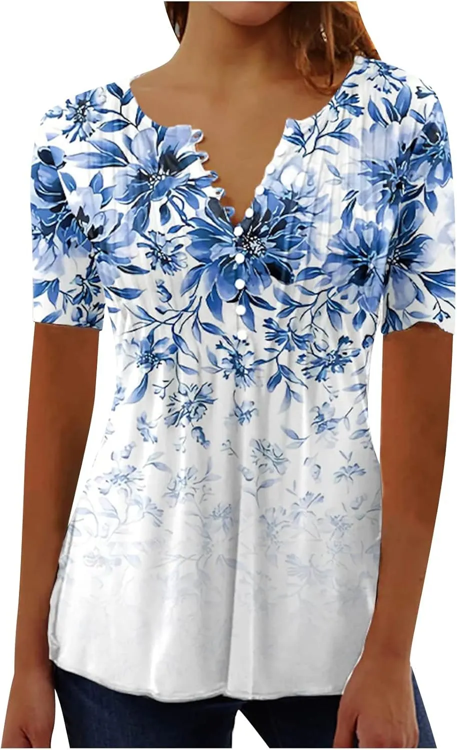 Summer 2025 Womens Short Sleeve Tops Casual Summer V Neck Floral Tunics Flowy Blouses Henley Shirts