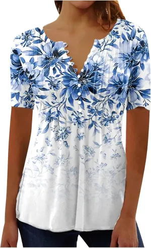 Summer 2025 Womens Short Sleeve Tops Casual Summer V Neck Floral Tunics Flowy Blouses Henley Shirts