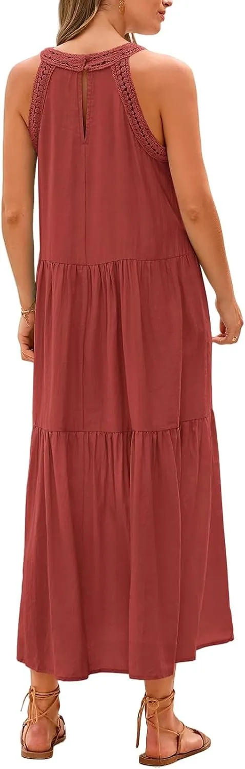 Summer Dresses for Women 2025 Halter Sundress Sleeveless Hollow Out Mini Dress A-Line Tiered Swing Beach Dresses