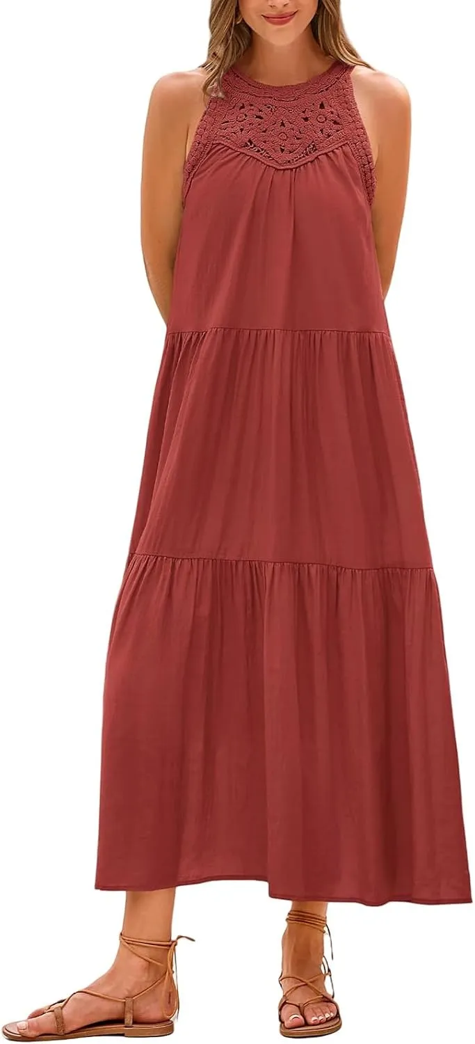 Summer Dresses for Women 2025 Halter Sundress Sleeveless Hollow Out Mini Dress A-Line Tiered Swing Beach Dresses