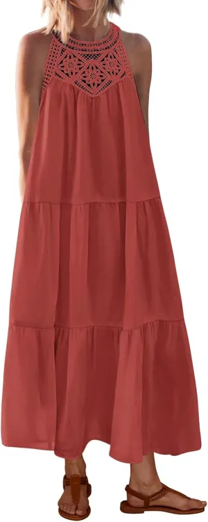 Summer Dresses for Women 2025 Halter Sundress Sleeveless Hollow Out Mini Dress A-Line Tiered Swing Beach Dresses