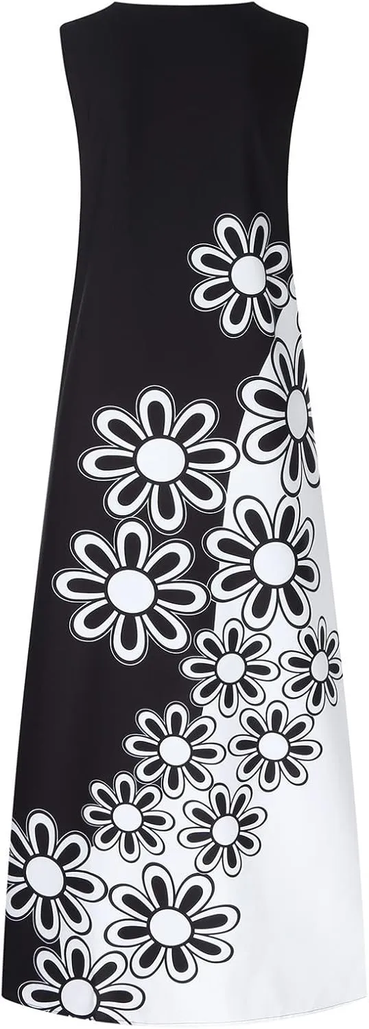 Summer Dresses for Women Fashion Long Dress with Pockets Boho Floral Print Sleeveless Maxi Dress Floor Length Dress