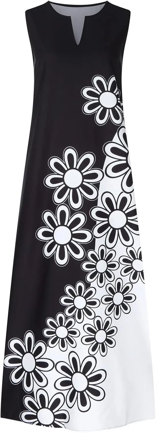 Summer Dresses for Women Fashion Long Dress with Pockets Boho Floral Print Sleeveless Maxi Dress Floor Length Dress
