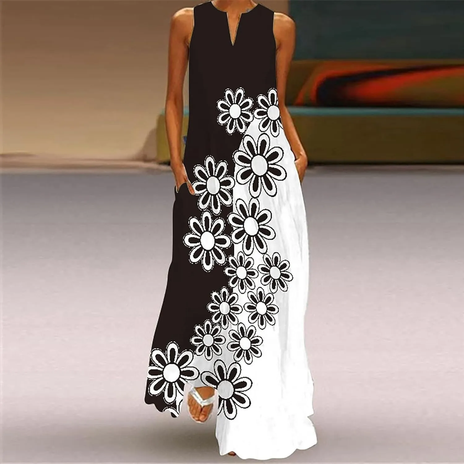 Summer Dresses for Women Fashion Long Dress with Pockets Boho Floral Print Sleeveless Maxi Dress Floor Length Dress
