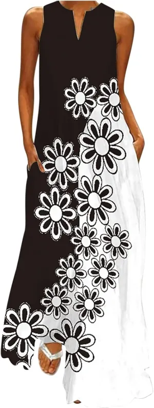 Summer Dresses for Women Fashion Long Dress with Pockets Boho Floral Print Sleeveless Maxi Dress Floor Length Dress