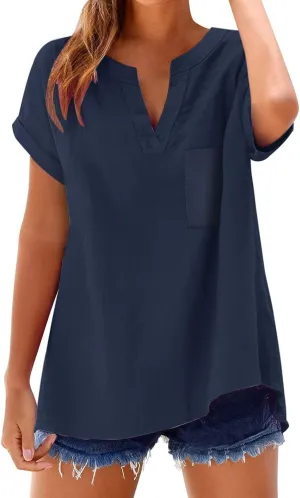 Summer Linen Shirts for Women 2025 Casual Short Sleeve Solid T-Shirts Trendy Loose Fit V-Neck Tops with Pocket
