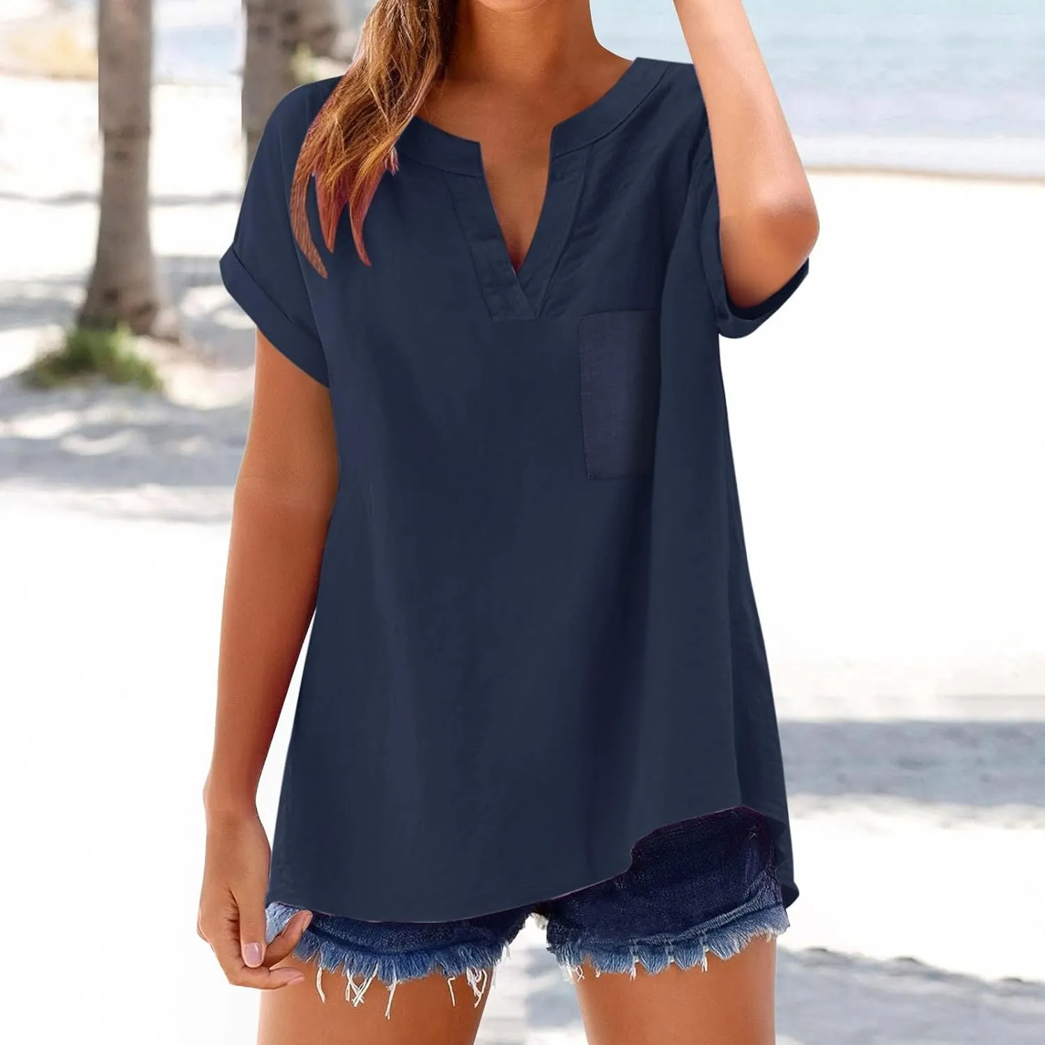 Summer Linen Shirts for Women 2025 Casual Short Sleeve Solid T-Shirts Trendy Loose Fit V-Neck Tops with Pocket