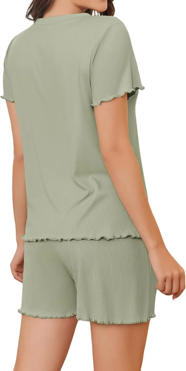 Summer Pajamas for Women Set 2 Piece Outfits Sets for Women Dressy Soft Ribbed Knit Pjs Short Sleeve Lounge Sets