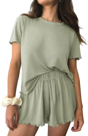 Summer Pajamas for Women Set 2 Piece Outfits Sets for Women Dressy Soft Ribbed Knit Pjs Short Sleeve Lounge Sets