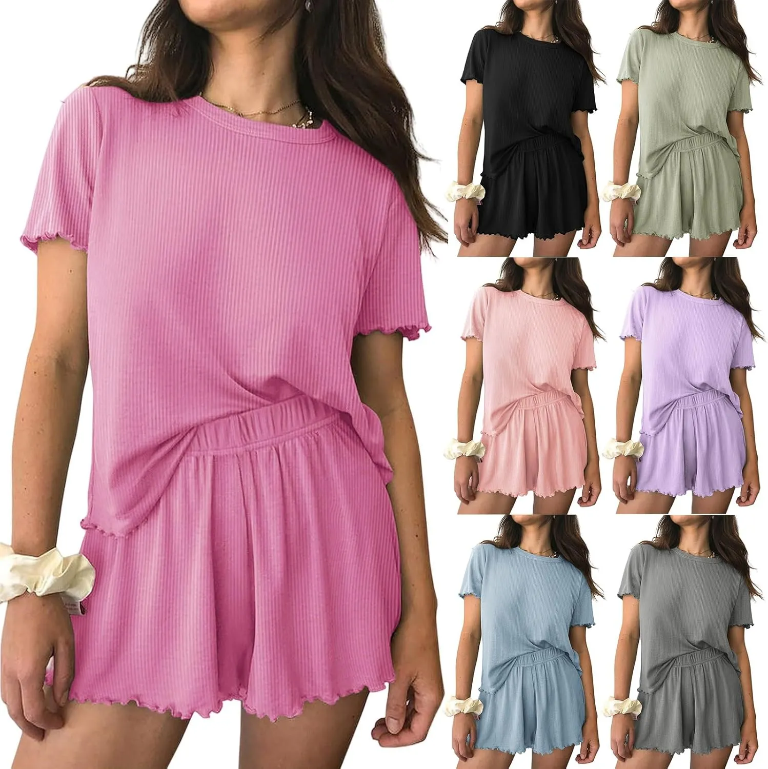 Summer Pajamas for Women Set 2 Piece Outfits Sets for Women Dressy Soft Ribbed Knit Pjs Short Sleeve Lounge Sets