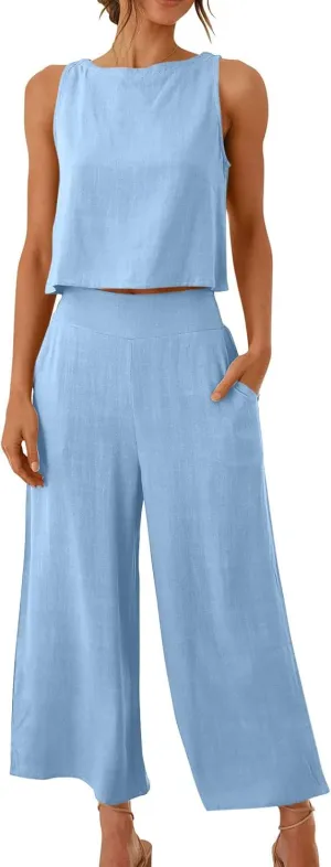 Summer Vacation 2 Piece Outfits For Women 2024 Sleeveless Crop Top Capri Wide Leg Pants Matching Lounge Set Linen Sets