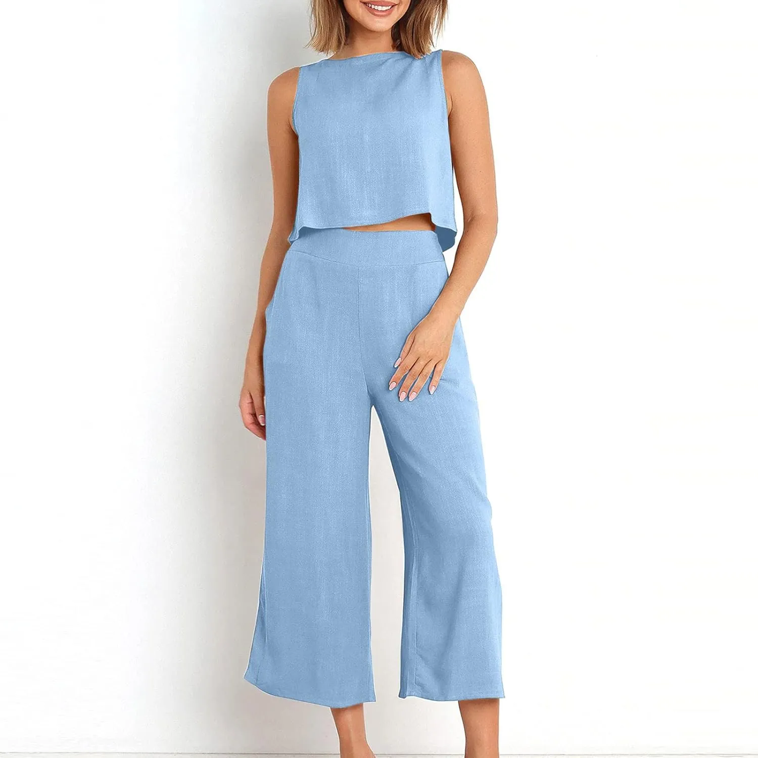Summer Vacation 2 Piece Outfits For Women 2024 Sleeveless Crop Top Capri Wide Leg Pants Matching Lounge Set Linen Sets