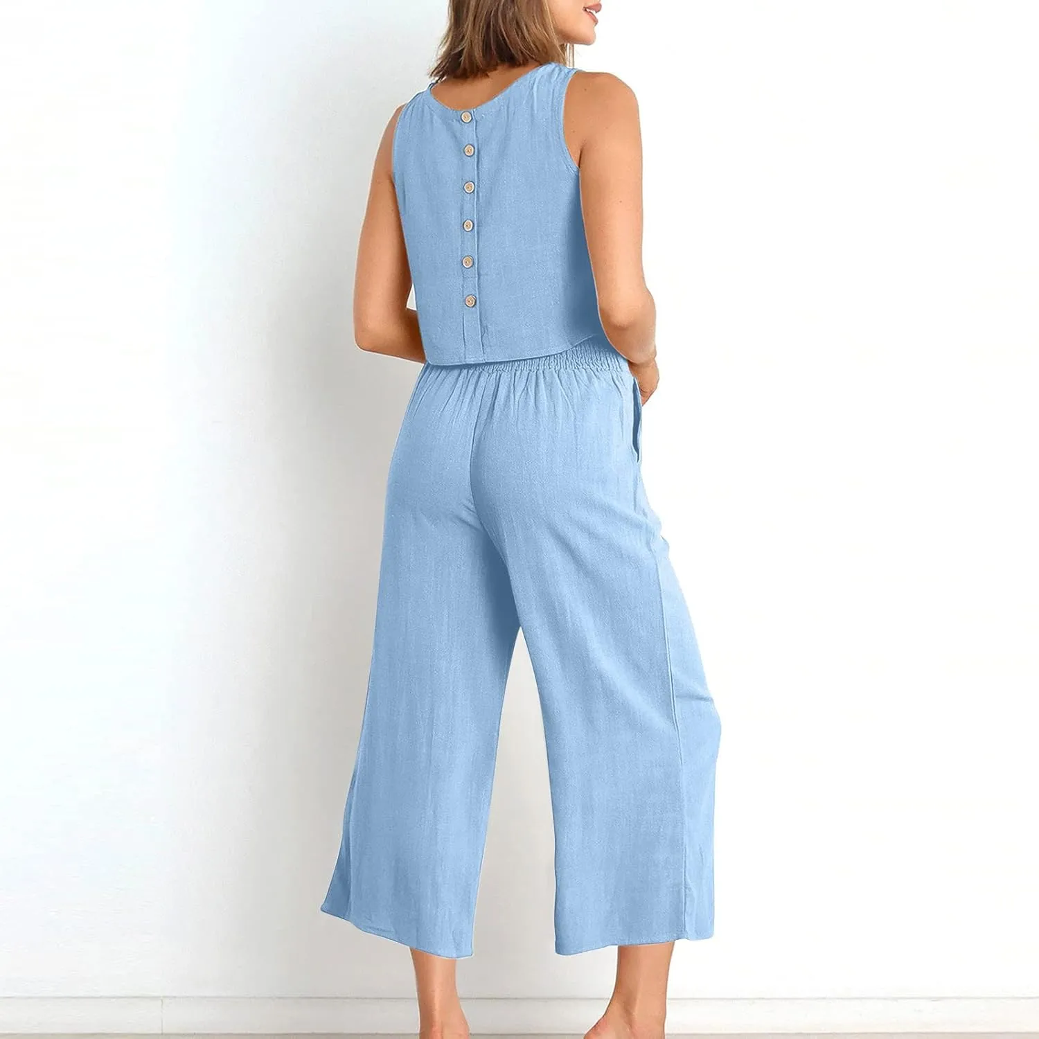 Summer Vacation 2 Piece Outfits For Women 2024 Sleeveless Crop Top Capri Wide Leg Pants Matching Lounge Set Linen Sets