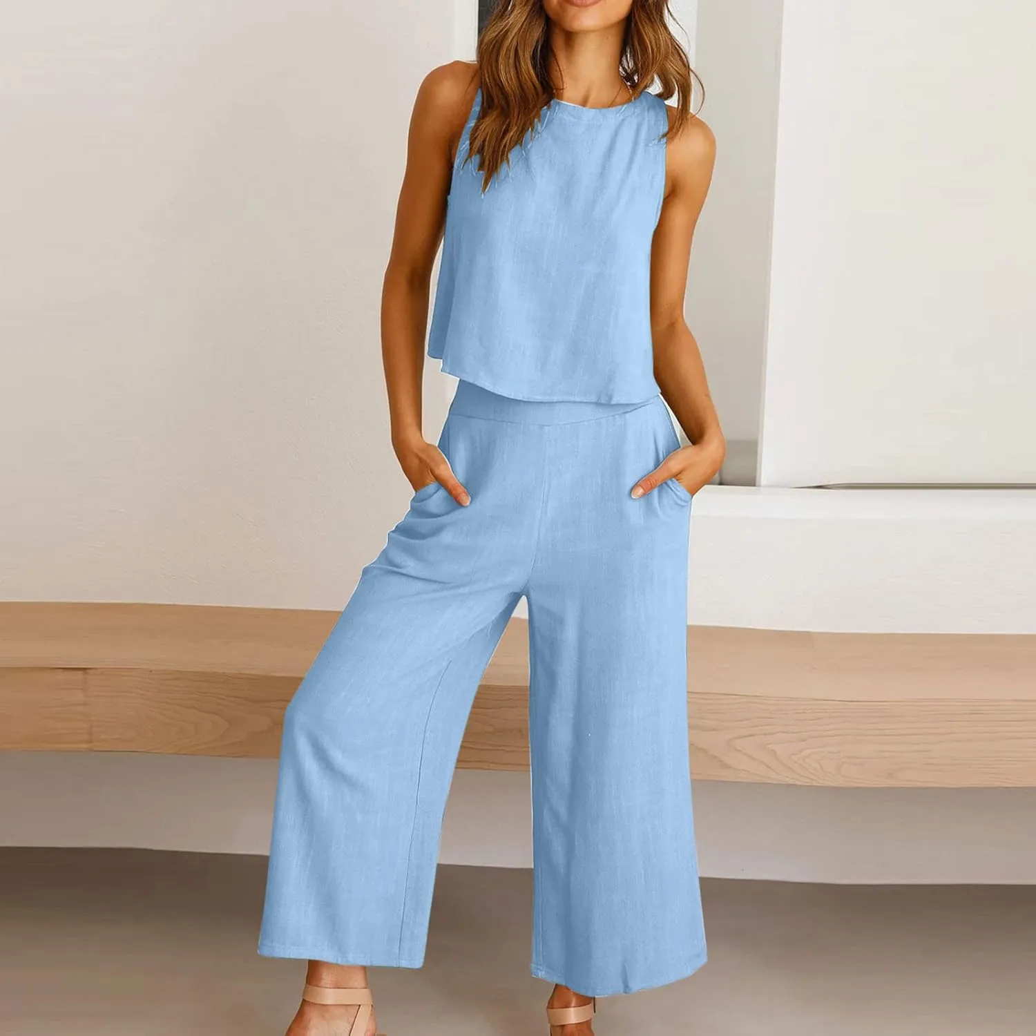 Summer Vacation 2 Piece Outfits For Women 2024 Sleeveless Crop Top Capri Wide Leg Pants Matching Lounge Set Linen Sets