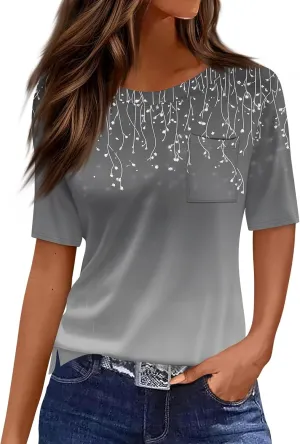 Summer Womens Crewneck Short Sleeve Shirts Spring Gradient Stripe Prints Casual Blouse Shirt Dressy Tops
