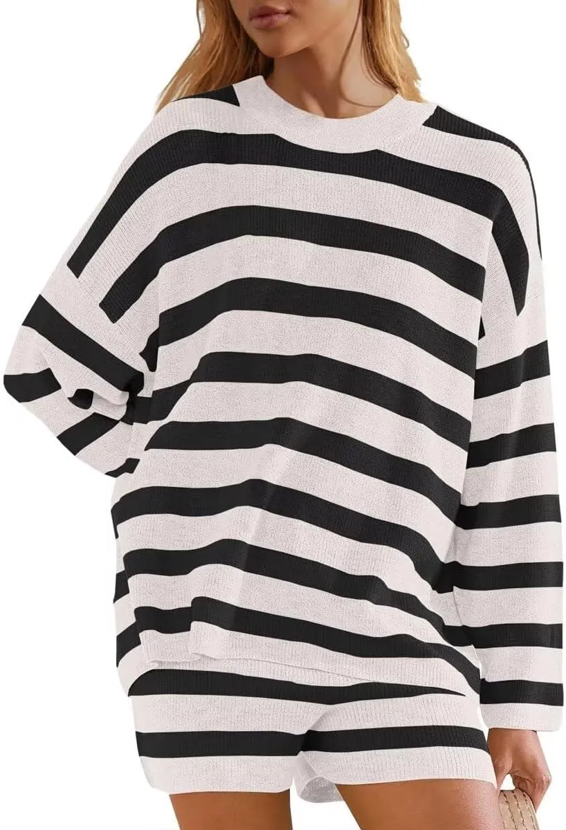 Sweater Sets Women Oversized Lounge Sets Striped Matching Pajamas Long Sleeve Sweater Top and Shorts
