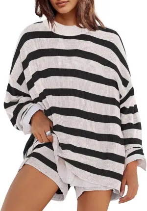 Sweater Sets Women Oversized Lounge Sets Striped Matching Pajamas Long Sleeve Sweater Top and Shorts