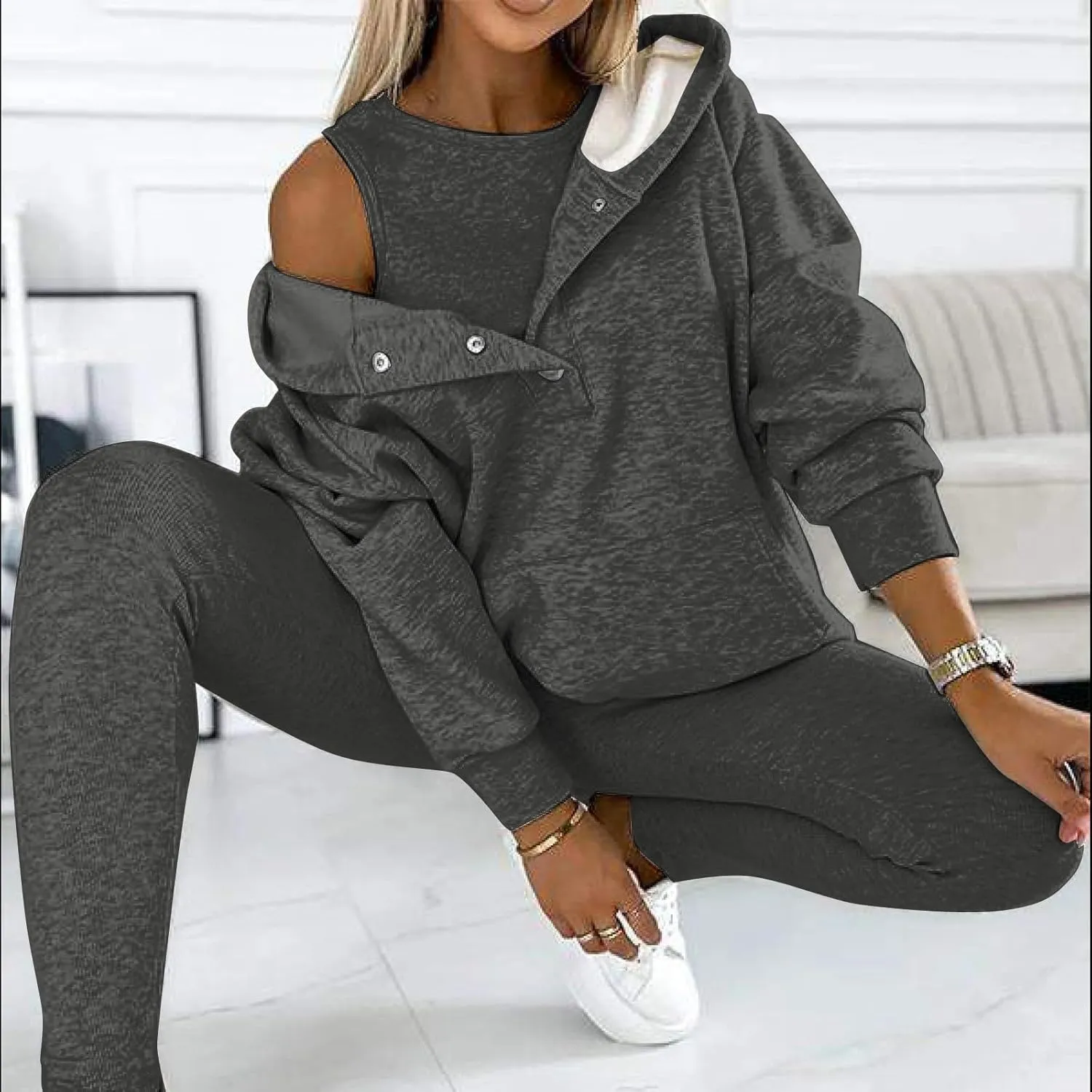 Sweatsuit Set for Women 3 Piece Outfits Tracksuit Button Down Hoodies Crop Tank Top and Sweatpants Matching Sets
