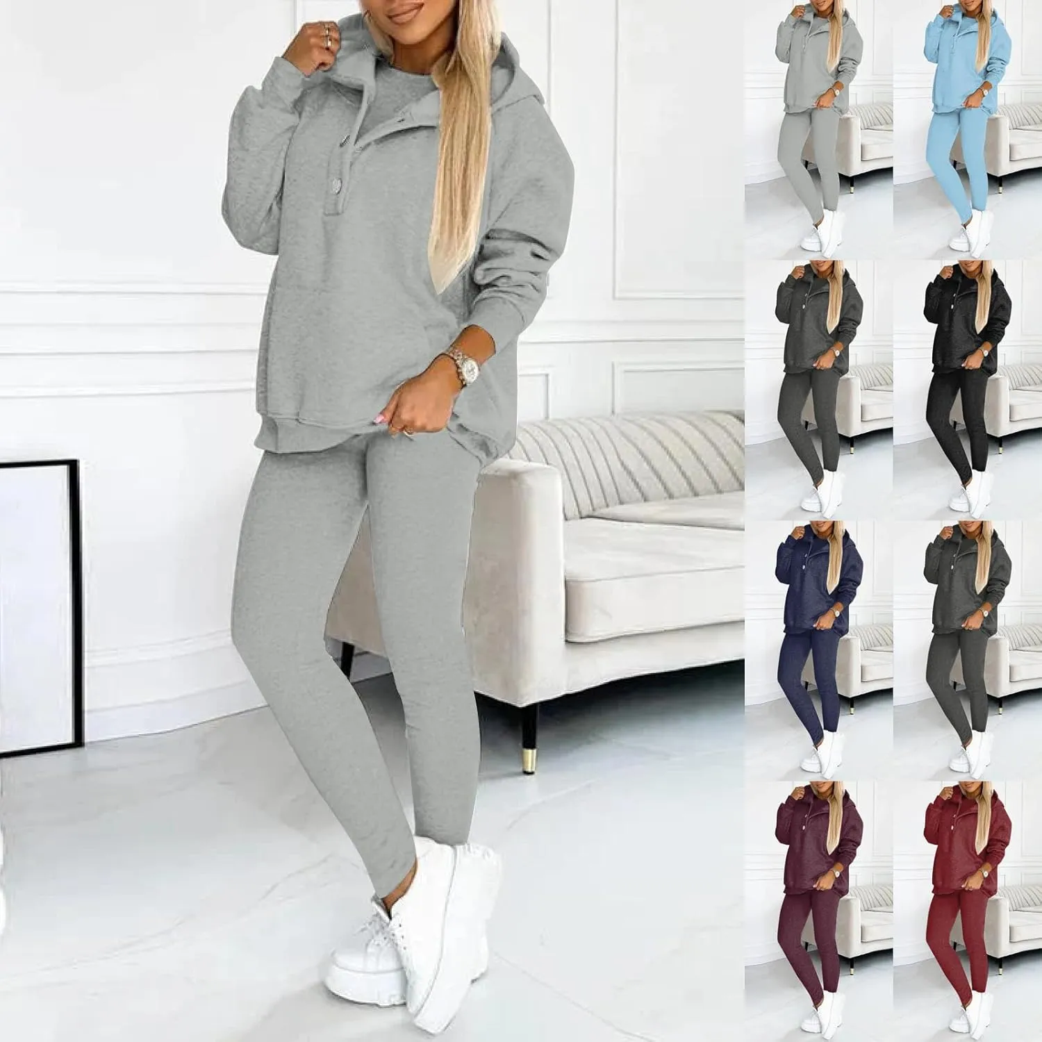 Sweatsuit Set for Women 3 Piece Outfits Tracksuit Button Down Hoodies Crop Tank Top and Sweatpants Matching Sets