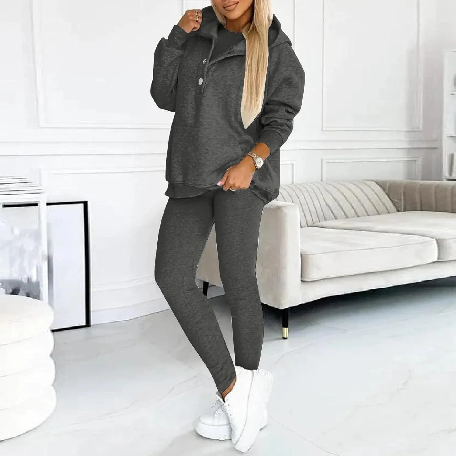 Sweatsuit Set for Women 3 Piece Outfits Tracksuit Button Down Hoodies Crop Tank Top and Sweatpants Matching Sets
