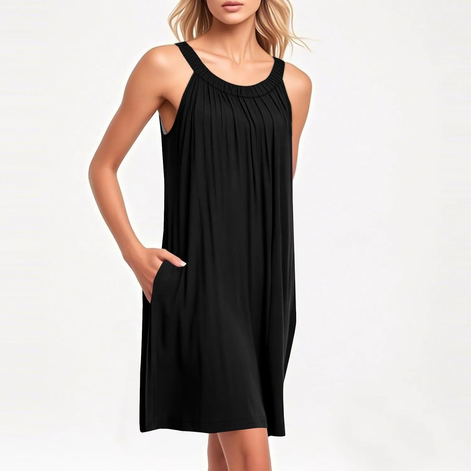 Tank Dress for Women Summer Halter Neck Pleated Front Mini Dress with Pockets Casual Loose Beach Vacation Sundresses