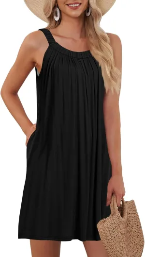 Tank Dress for Women Summer Halter Neck Pleated Front Mini Dress with Pockets Casual Loose Beach Vacation Sundresses