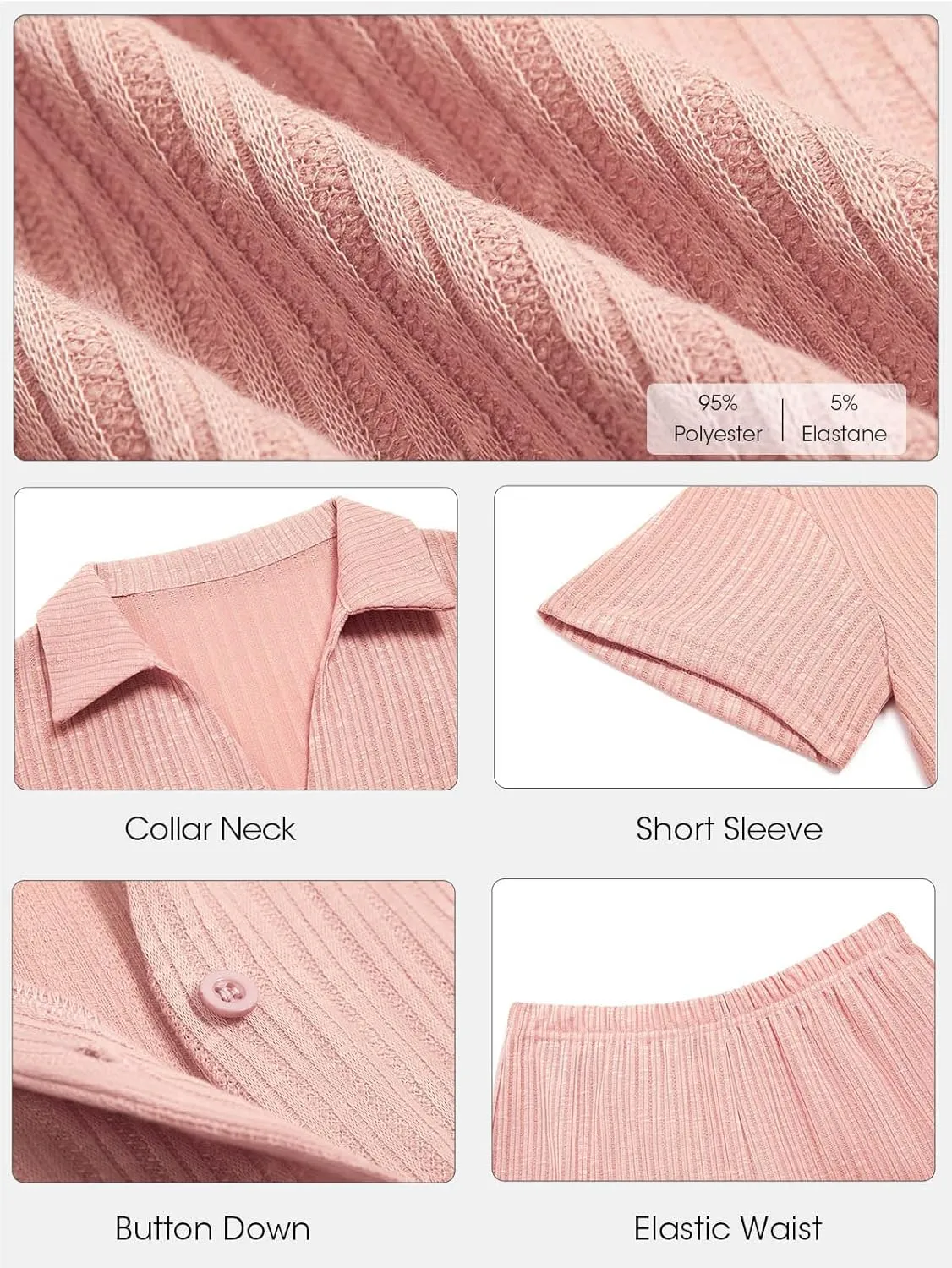 Tankaneo Womens Ribbed Knit 2 Piece Pajama Sets Button Down Short Sleeve Tops and Shorts Set Summer Casual Loungewear