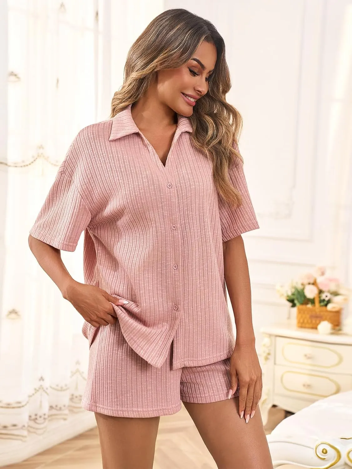Tankaneo Womens Ribbed Knit 2 Piece Pajama Sets Button Down Short Sleeve Tops and Shorts Set Summer Casual Loungewear