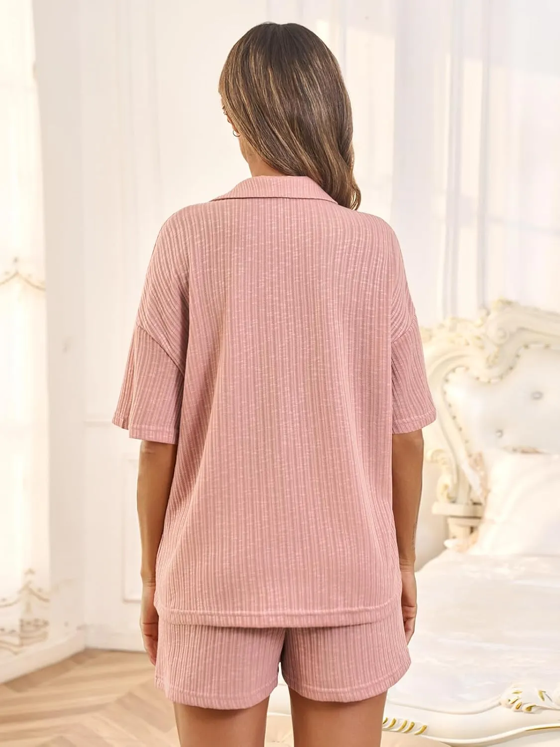 Tankaneo Womens Ribbed Knit 2 Piece Pajama Sets Button Down Short Sleeve Tops and Shorts Set Summer Casual Loungewear
