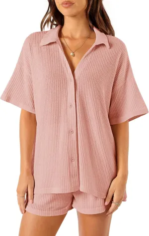 Tankaneo Womens Ribbed Knit 2 Piece Pajama Sets Button Down Short Sleeve Tops and Shorts Set Summer Casual Loungewear