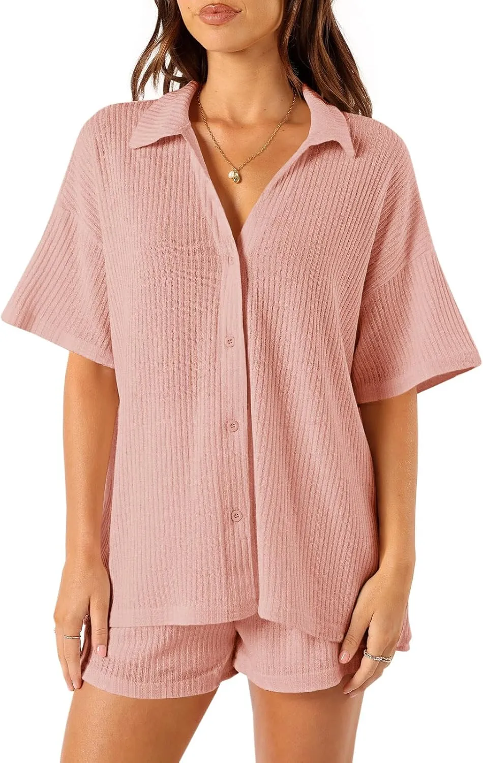 Tankaneo Womens Ribbed Knit 2 Piece Pajama Sets Button Down Short Sleeve Tops and Shorts Set Summer Casual Loungewear