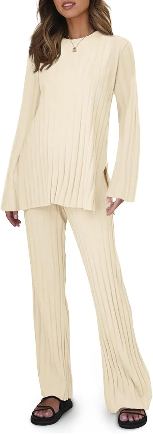 Tankaneo Womens Ribbed Knit Lounge Sets 2 Piece Outfit Long Sleeve Top and Pant Sets Casual Pajamas Set