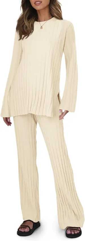 Tankaneo Womens Ribbed Knit Lounge Sets 2 Piece Outfit Long Sleeve Top and Pant Sets Casual Pajamas Set