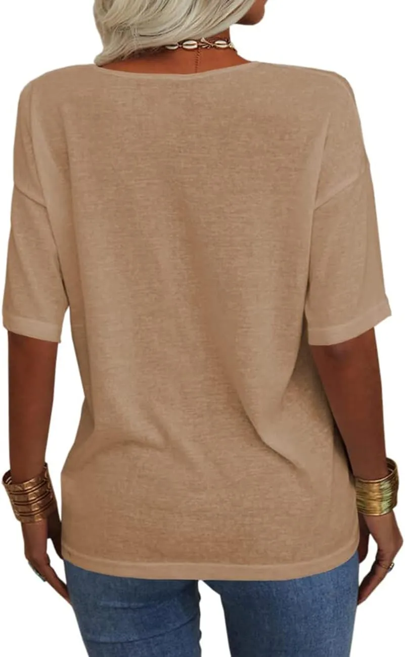 Tankaneo Women's Summer Fashion V-Neck Half Sleeves T Shirt Solid Casual Loose Basic Tunics Tops