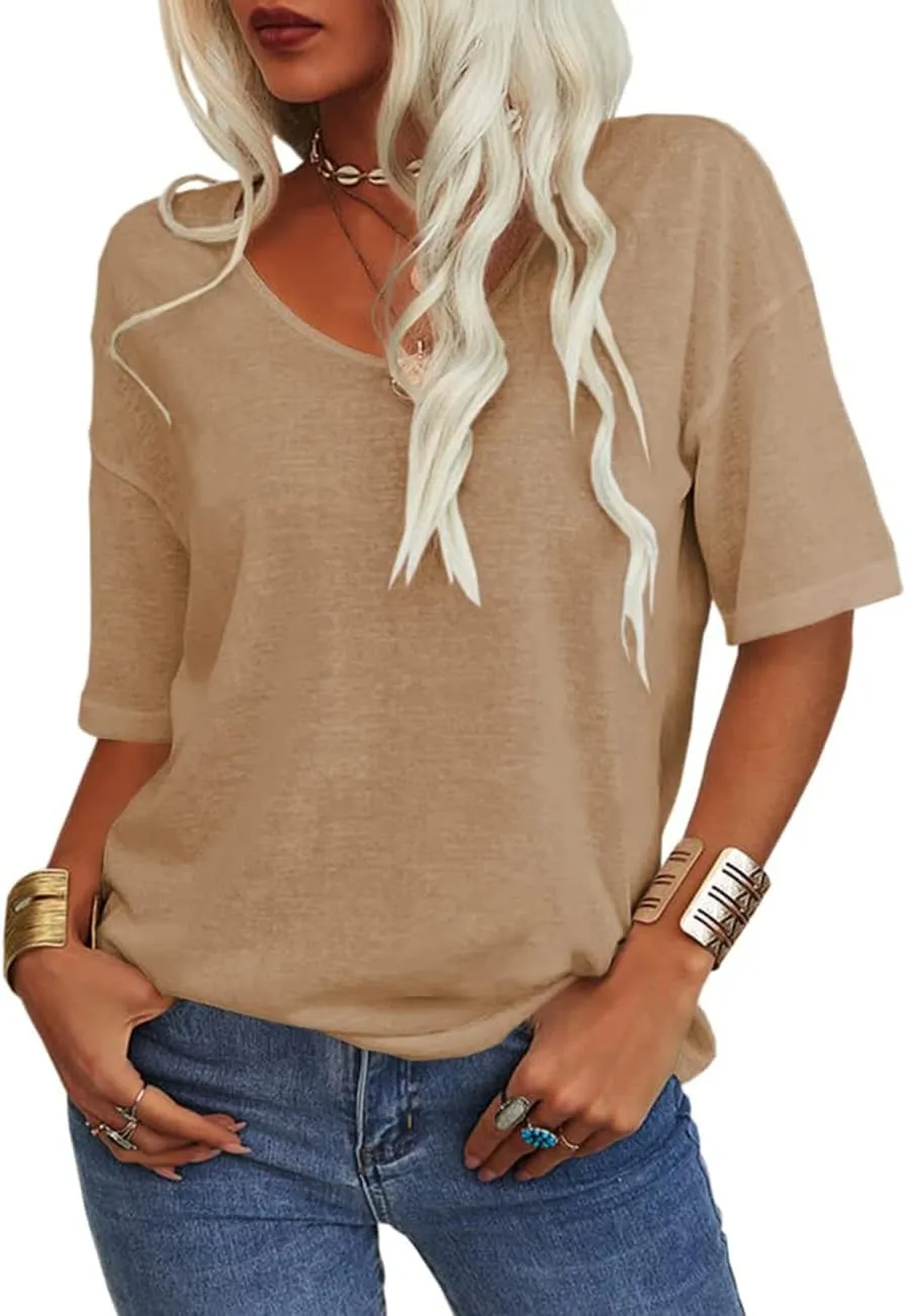 Tankaneo Women's Summer Fashion V-Neck Half Sleeves T Shirt Solid Casual Loose Basic Tunics Tops