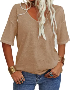 Tankaneo Women's Summer Fashion V-Neck Half Sleeves T Shirt Solid Casual Loose Basic Tunics Tops