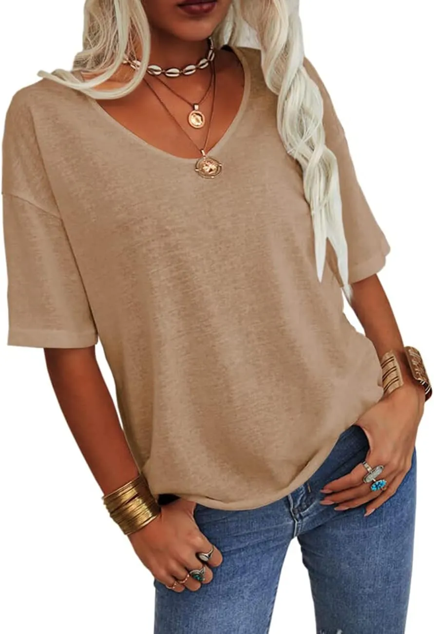 Tankaneo Women's Summer Fashion V-Neck Half Sleeves T Shirt Solid Casual Loose Basic Tunics Tops