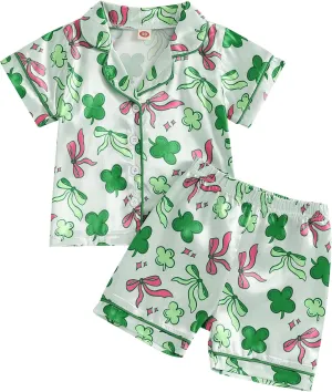 Toddler Girl Boy Easter Satin Pajamas Summer Fuzzy Bunny Print Button Down Shirt Shorts Girls Kids Silk Pajama Set