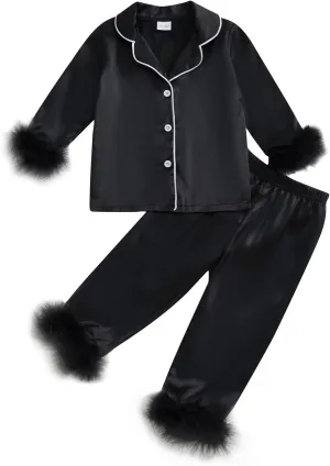 Toddler Girl Satin Pajama Set Feather Trim Long Sleeve Button Down Shirt Top Long Pants Sleepwear Loungewear