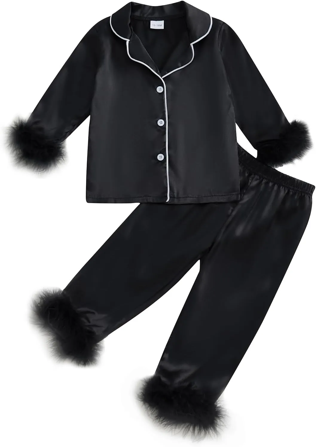 Toddler Girl Satin Pajama Set Feather Trim Long Sleeve Button Down Shirt Top Long Pants Sleepwear Loungewear