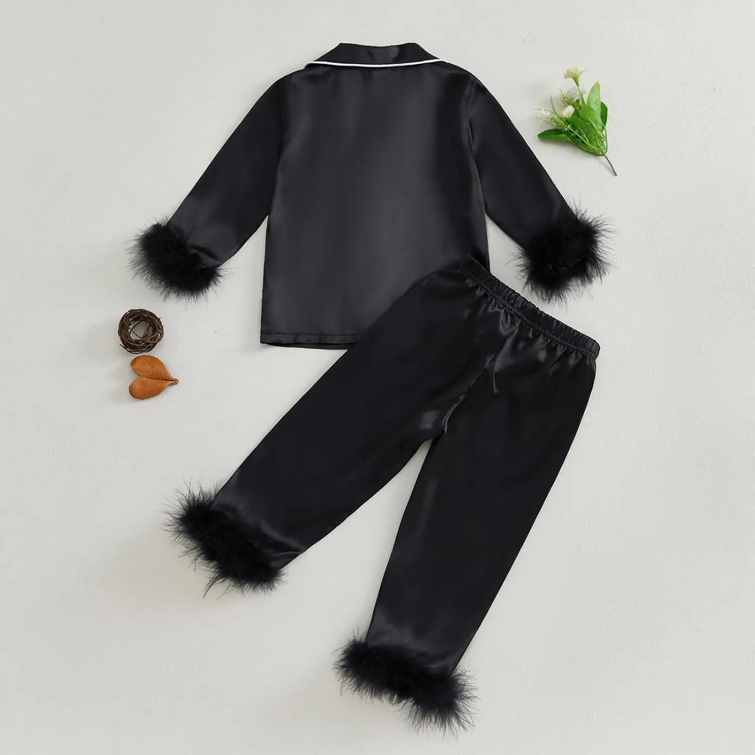 Toddler Girl Satin Pajama Set Feather Trim Long Sleeve Button Down Shirt Top Long Pants Sleepwear Loungewear