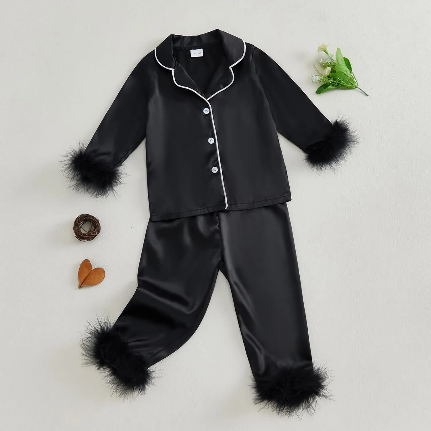 Toddler Girl Satin Pajama Set Feather Trim Long Sleeve Button Down Shirt Top Long Pants Sleepwear Loungewear