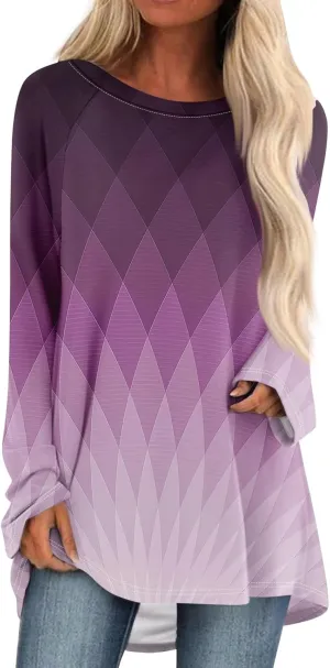 Tops For Women Trendy Print Crewneck Long Sleeve Shirts Plus Size Tunics Or Tops To Wear With Leggings