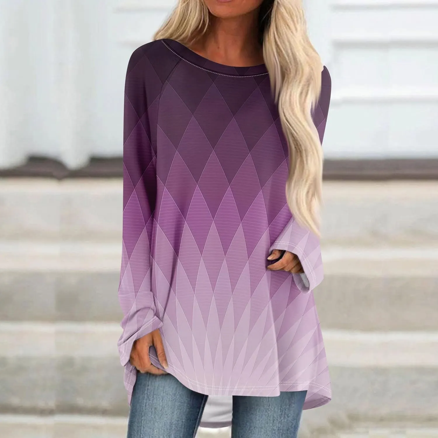 Tops For Women Trendy Print Crewneck Long Sleeve Shirts Plus Size Tunics Or Tops To Wear With Leggings