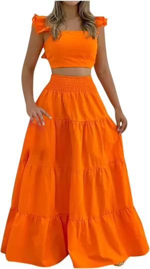 Two Piece Sets Dresses for Women Summer Casual Flowy Boho Matching Set Dress Ruffle Crop Top Tiered Swing Maxi Skirts