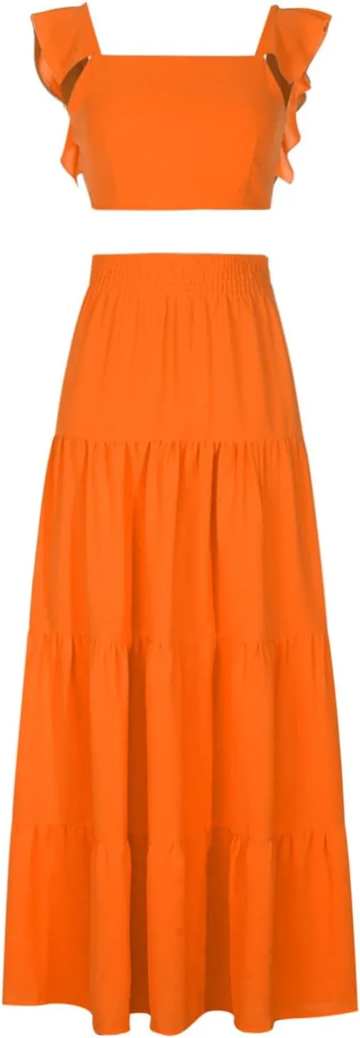 Two Piece Sets Dresses for Women Summer Casual Flowy Boho Matching Set Dress Ruffle Crop Top Tiered Swing Maxi Skirts