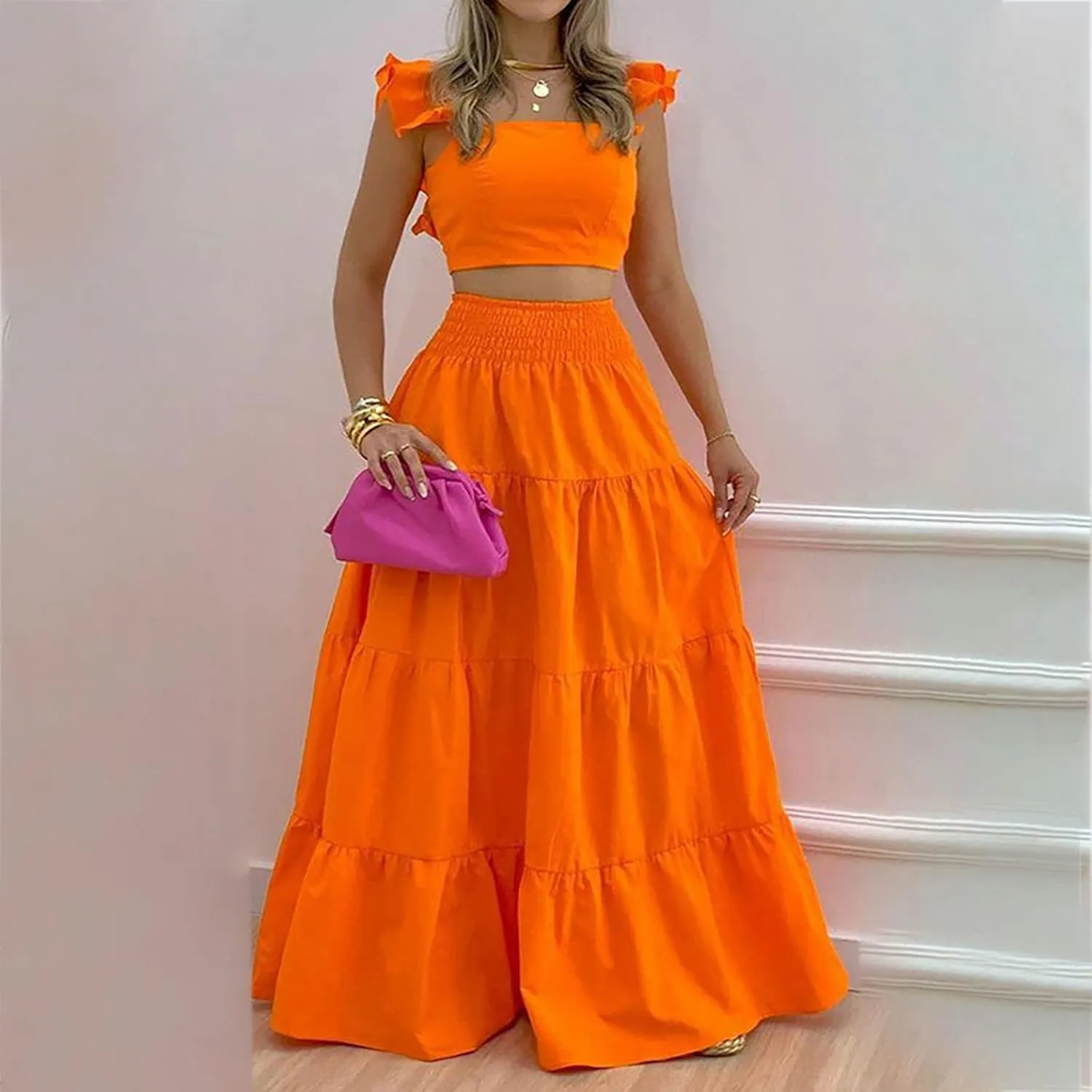 Two Piece Sets Dresses for Women Summer Casual Flowy Boho Matching Set Dress Ruffle Crop Top Tiered Swing Maxi Skirts